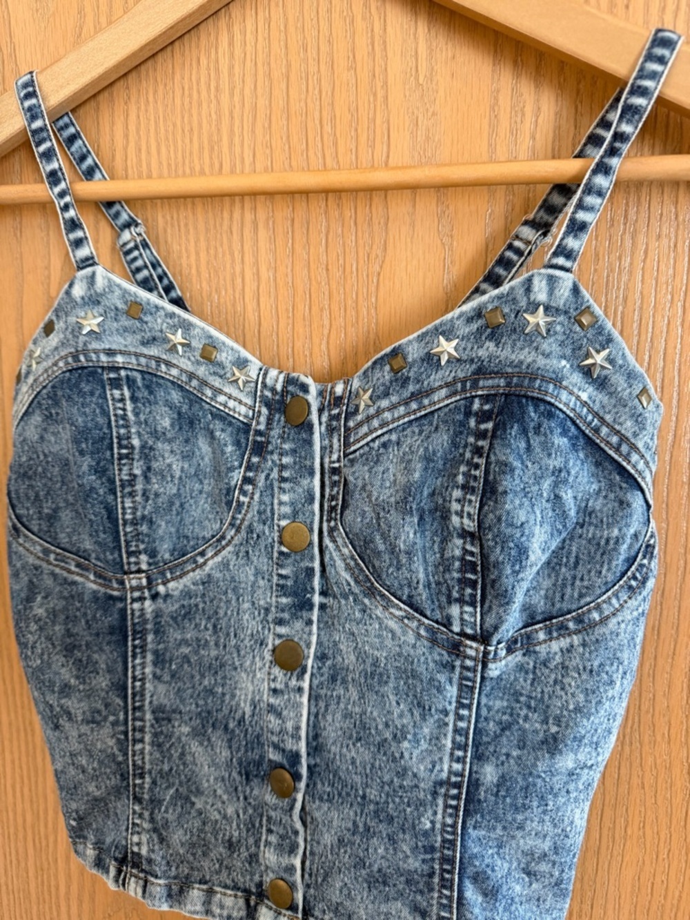 DREAM OUT LOUD Y2K Vintage Acid Wash Denim Bustier Star Stud Crop Top Size M - Picture 2 of 9